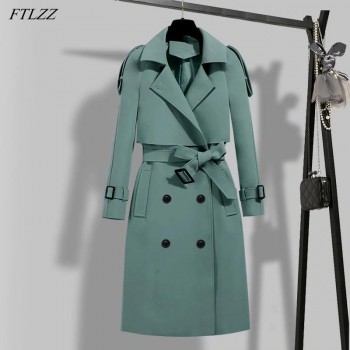 FTLZZ New Autumn Winter Elegant Women Double Breasted Solid Trench Coat Vintage Turn-down Collar Warm Trench with Belt
